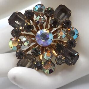 Vintage Topaz Aurora Borealis Rhinestone Brooch, Mid Century, Riveted Pin 1 1/2"